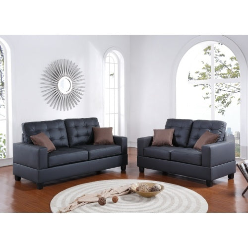 Living Room Furniture 2Pc Sofa Set Black Faux Leather Tufted Sofa Loveseat W Pillows Cushion Couch