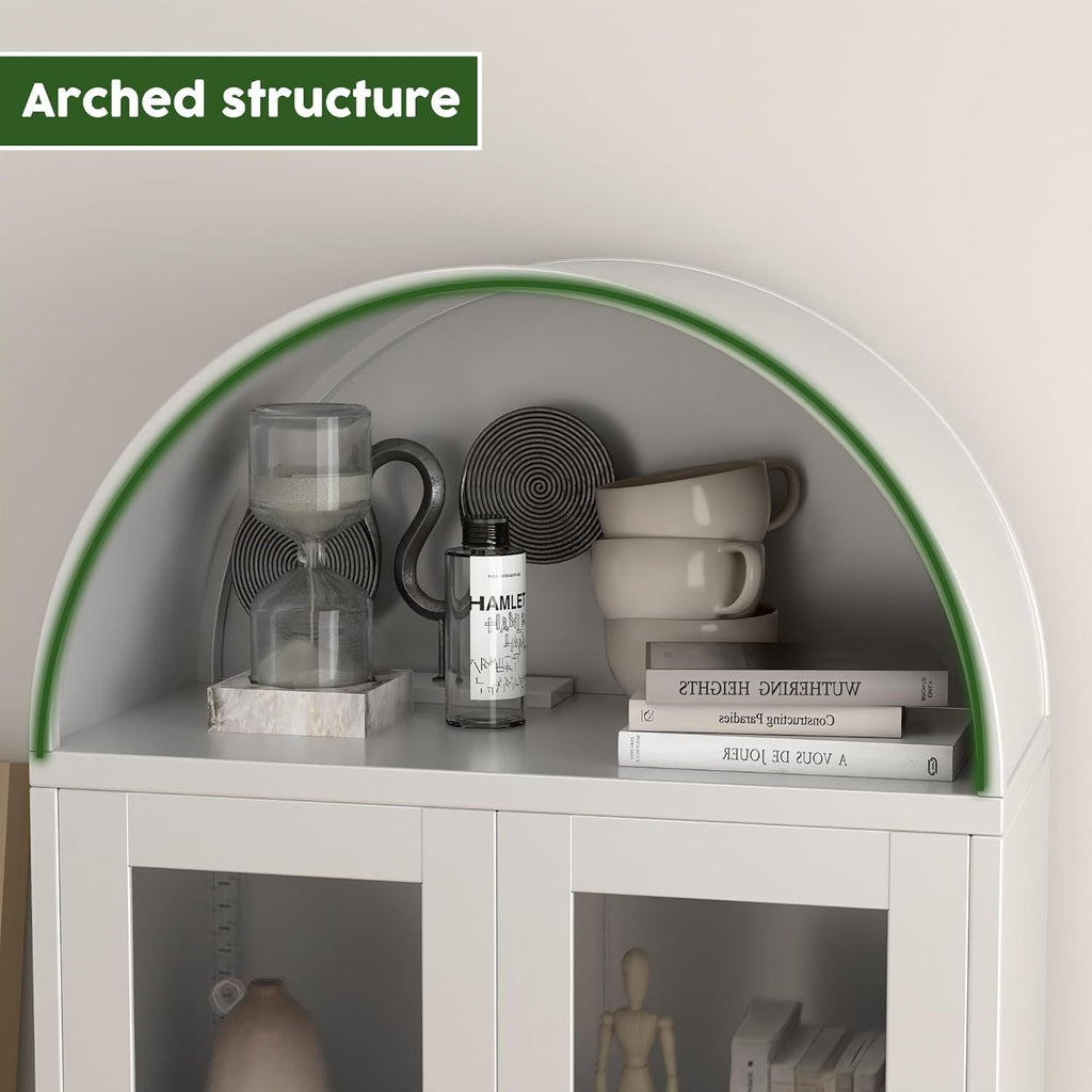 SUPEER Metal Showcase Sideboard Standing Cabinet With Arch Roof, Kitchen Cabinet With 2 Glass Doors, Glass Display Cabinet For Living Room, Bedroom, 185 X 80 X 40 Cm White