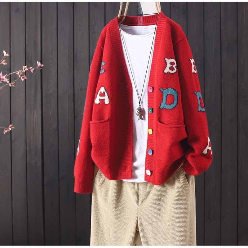 Autumn and winter loose long-sleeved knitted cardigan sweater women