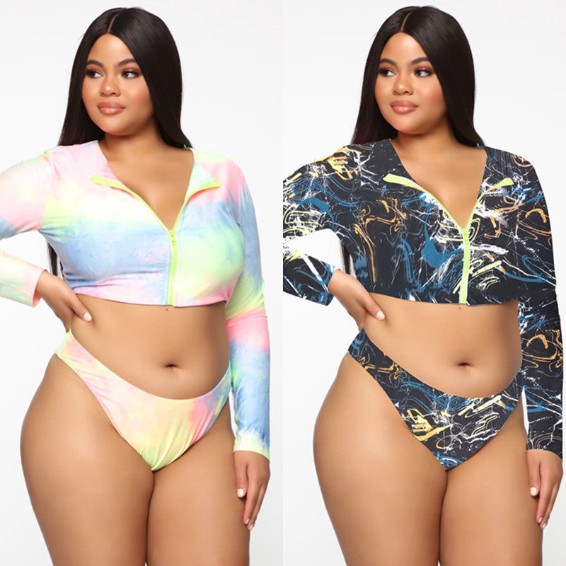 Bikini Long Sleeve Zipper Swimsuit Plus Size Colorful Sexy  Swimsuit