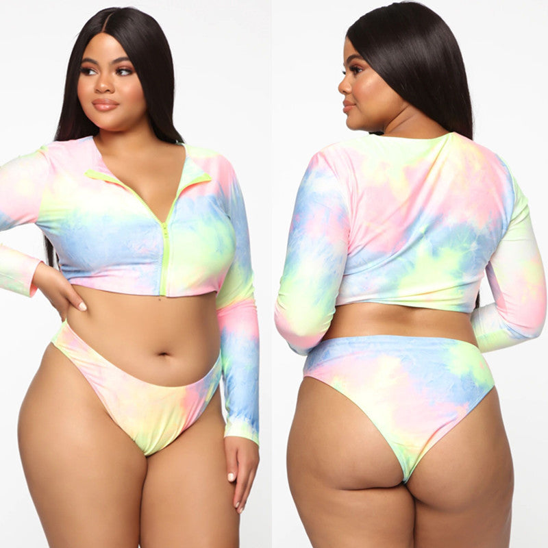 Bikini Long Sleeve Zipper Swimsuit Plus Size Colorful Sexy  Swimsuit