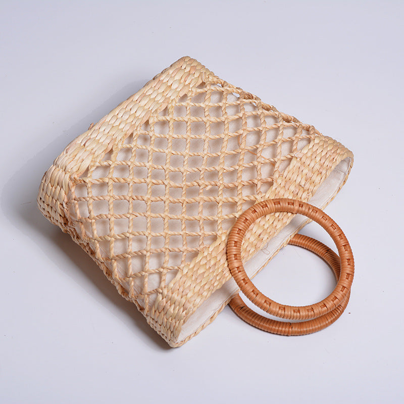 Handmade Rattan Straw Bag – Handwoven Square Net Design – Available in Trumpet (20x6x22 cm) & Large (22x8x24 cm) Sizes