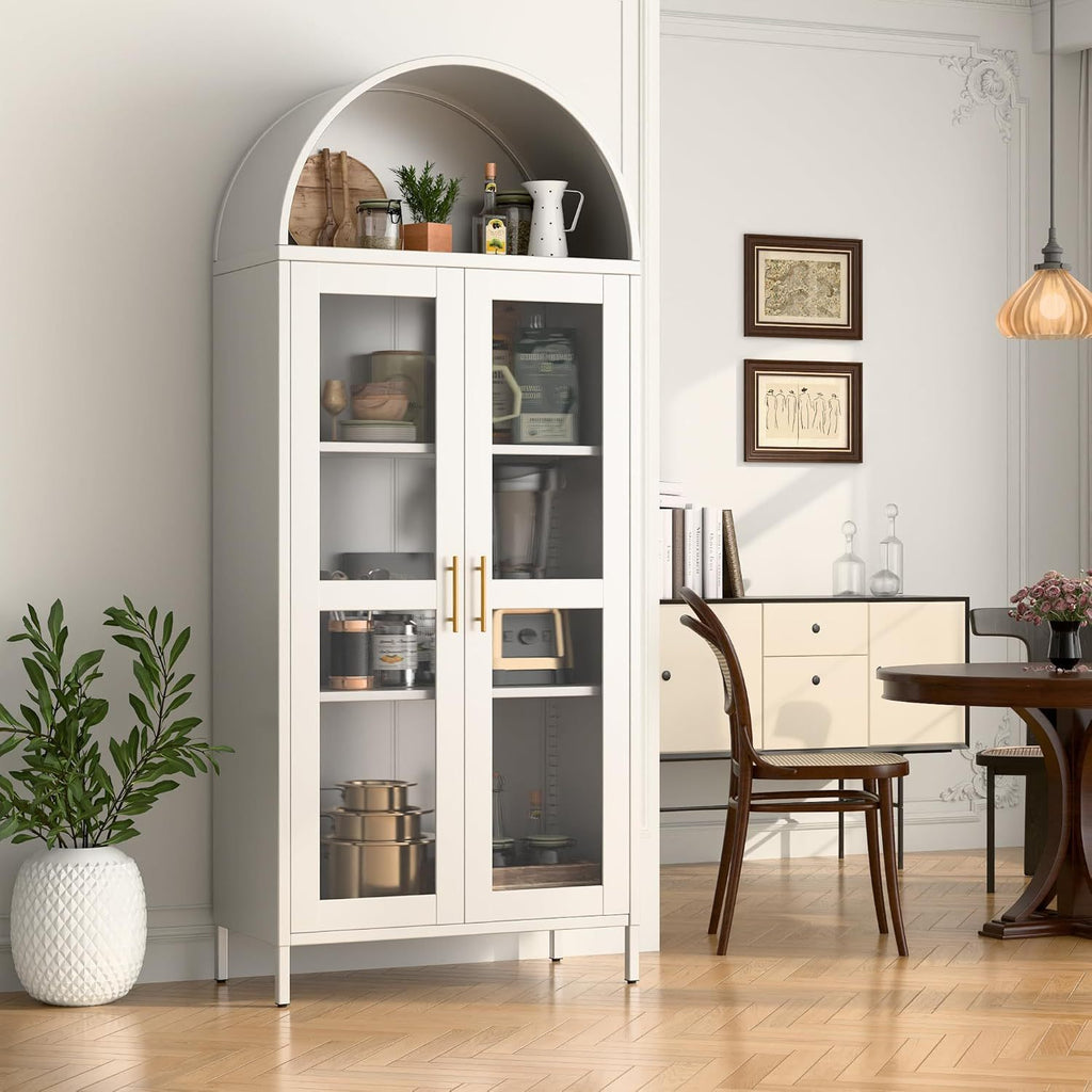 SUPEER Metal Showcase Sideboard Standing Cabinet With Arch Roof, Kitchen Cabinet With 2 Glass Doors, Glass Display Cabinet For Living Room, Bedroom, 185 X 80 X 40 Cm White
