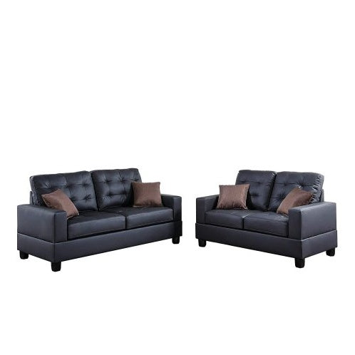 Living Room Furniture 2Pc Sofa Set Black Faux Leather Tufted Sofa Loveseat W Pillows Cushion Couch