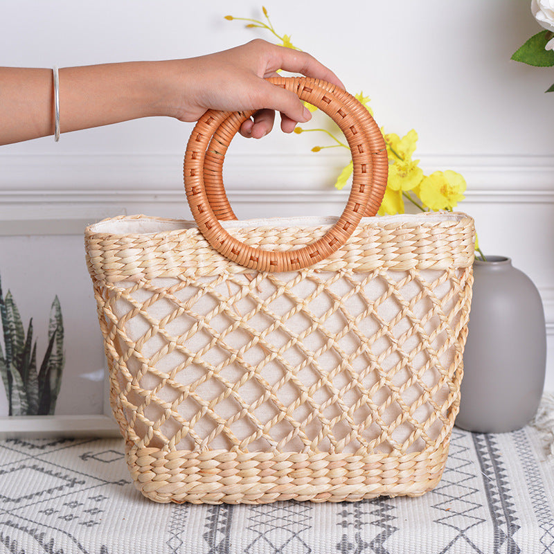 Handmade Rattan Straw Bag – Handwoven Square Net Design – Available in Trumpet (20x6x22 cm) & Large (22x8x24 cm) Sizes