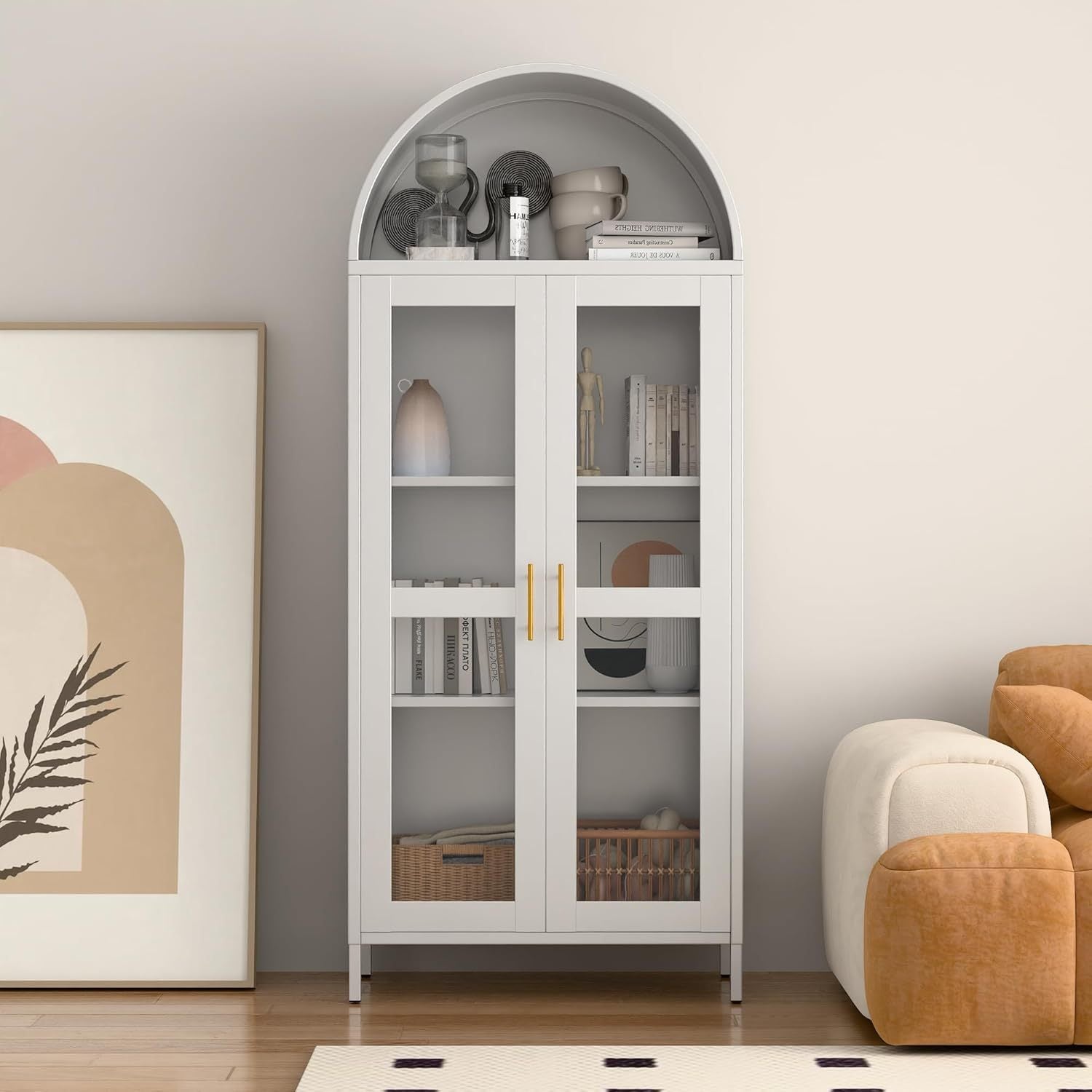 SUPEER Metal Showcase Sideboard Standing Cabinet With Arch Roof, Kitchen Cabinet With 2 Glass Doors, Glass Display Cabinet For Living Room, Bedroom, 185 X 80 X 40 Cm White
