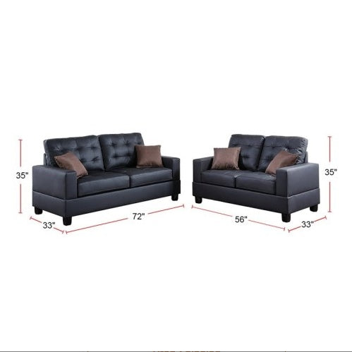 Living Room Furniture 2Pc Sofa Set Black Faux Leather Tufted Sofa Loveseat W Pillows Cushion Couch
