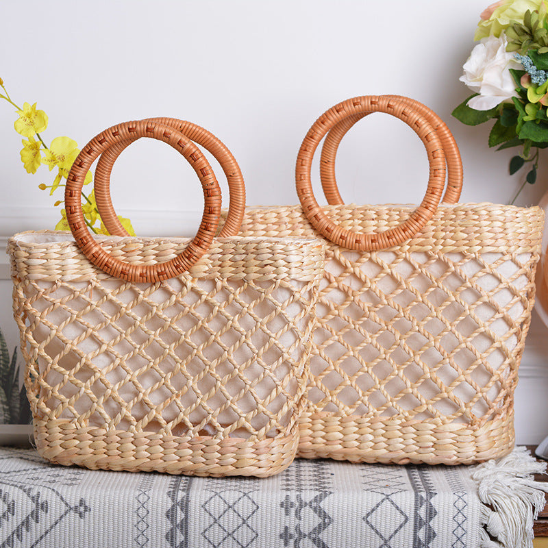 Handmade Rattan Straw Bag – Handwoven Square Net Design – Available in Trumpet (20x6x22 cm) & Large (22x8x24 cm) Sizes