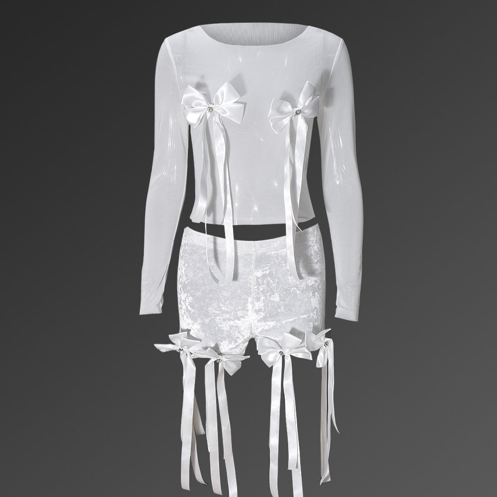 3D Bow Sheer Top Lace Tassel Streamer Shorts Suit