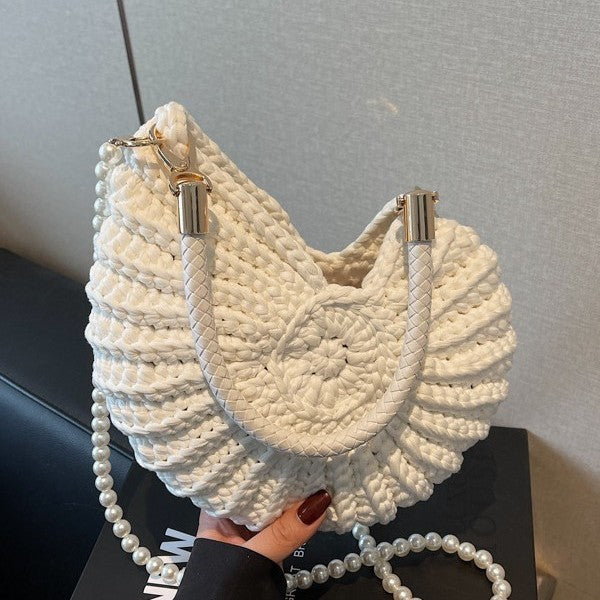 European & American Retro Shell-Shaped Cloth Bag – Medium Soft Handbag with Open Pocket, Woven Design, Double Shoulder Straps, Daily Use Purse for Women