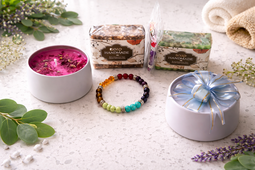 Aisiki Luxury Wellness Gift Set – 2 Handmade Candles, 2 Natural Soaps & Chakra Bracelet for Ultimate Self-Care