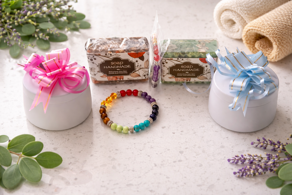 Aisiki Luxury Wellness Gift Set – 2 Handmade Candles, 2 Natural Soaps & Chakra Bracelet for Ultimate Self-Care