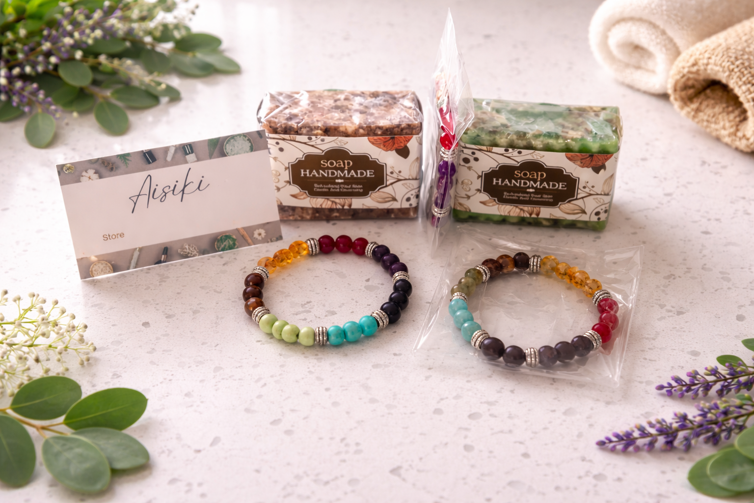 Aisiki Luxury Wellness Gift Set – 2 Handmade Candles, 2 Natural Soaps & Chakra Bracelet for Ultimate Self-Care
