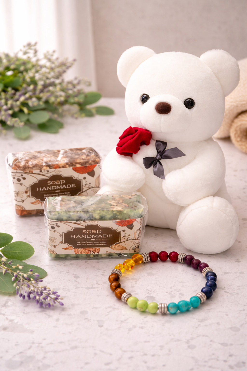 Aisiki Relaxation Gift Set with Teddy Bear – Handmade Candle, Natural Soap & Chakra Bracelet for Cozy Self-Care