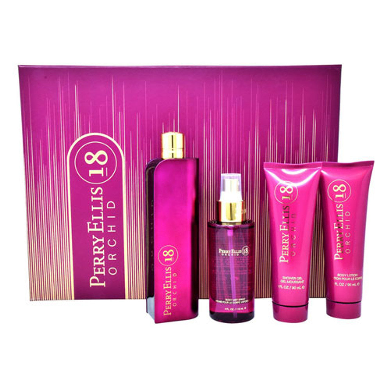 SET PERRY ELLIS 18 ORCHID WOMEN ( 4 PC SET ) 3.4 OZ. EDP/ 4.0 OZ. BM/ 3.0 LOT/ 2.0 GEL