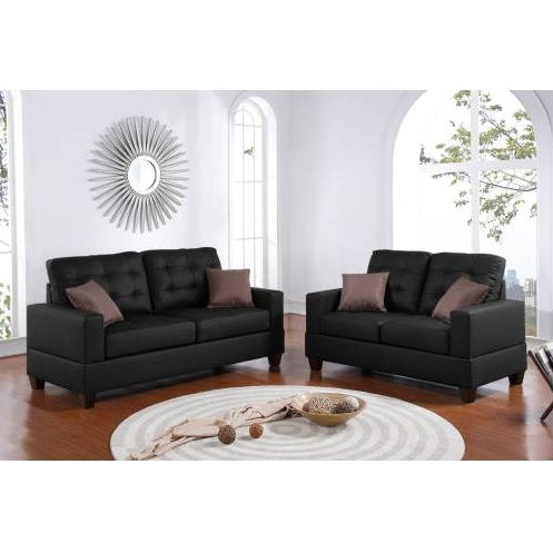 Living Room Furniture 2Pc Sofa Set Black Faux Leather Tufted Sofa Loveseat W Pillows Cushion Couch
