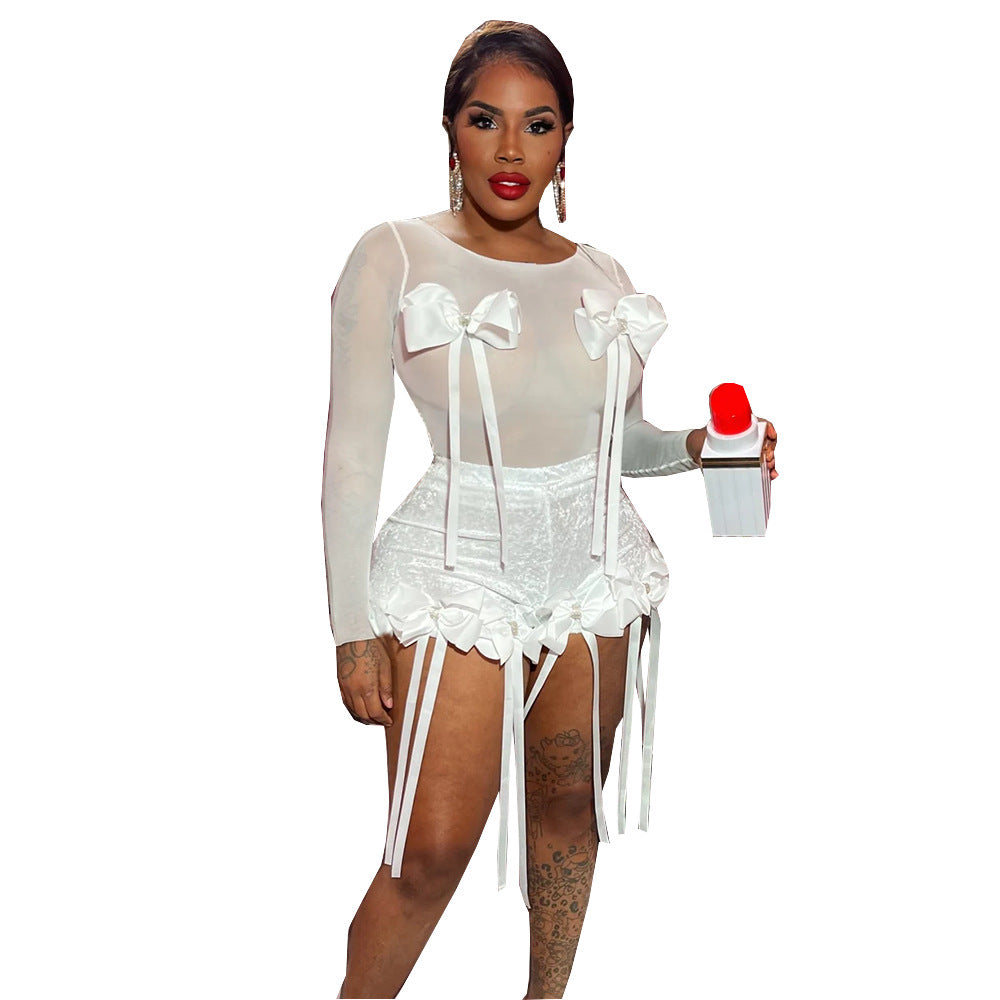 3D Bow Sheer Top Lace Tassel Streamer Shorts Suit